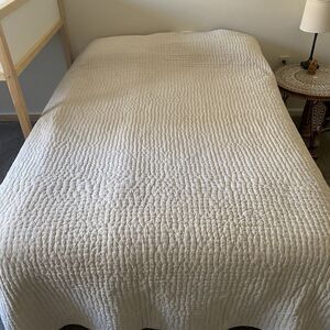 Pottery Barn Queen Quilt 94x92" Ivory Pickstitch Kantha Stitched Cotton